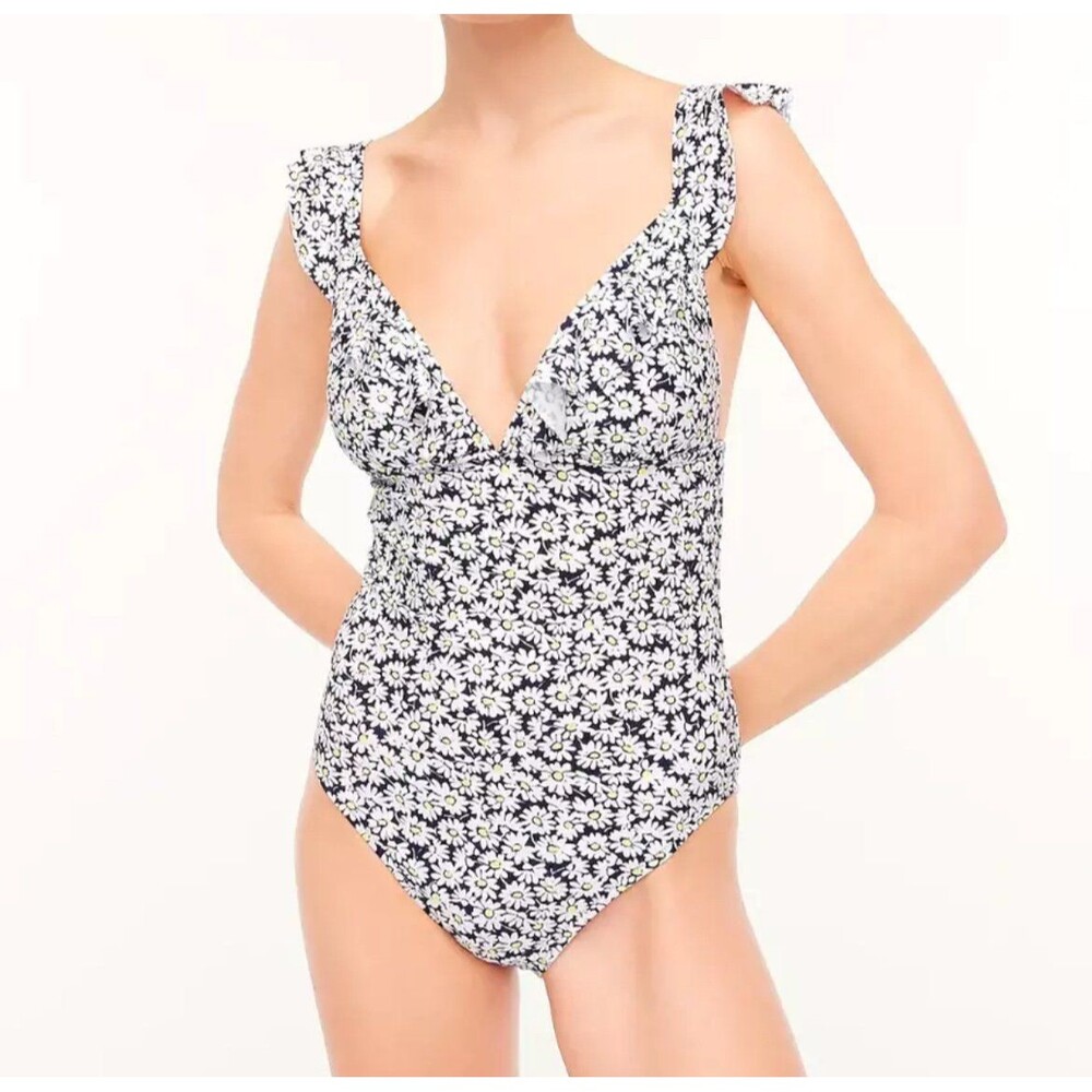 J.Crew Floral Siren Ruffle-shoulder V-neck one-piece swimsuit - Large